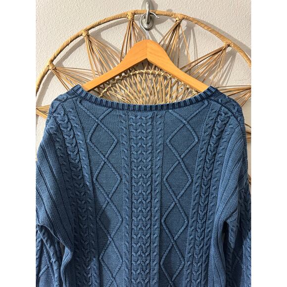 Blue Cotton Natural Reflections Chunky Cable Knit Fisherman V Neck Sweater SMALL - Picture 9 of 10